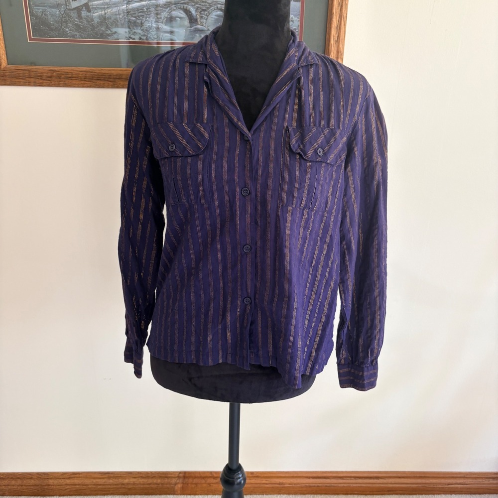 Krazy Kat Button Down Shirt Womens M Purple‎ Gold Metallic Stripe Cotton Blouse